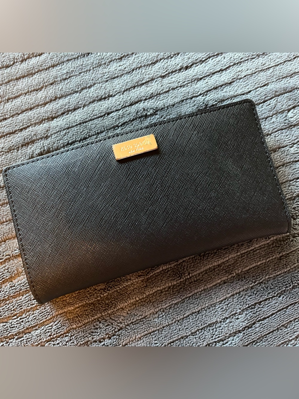 kate spade Black Saffiano Long Wallet with Gold Logo Plate